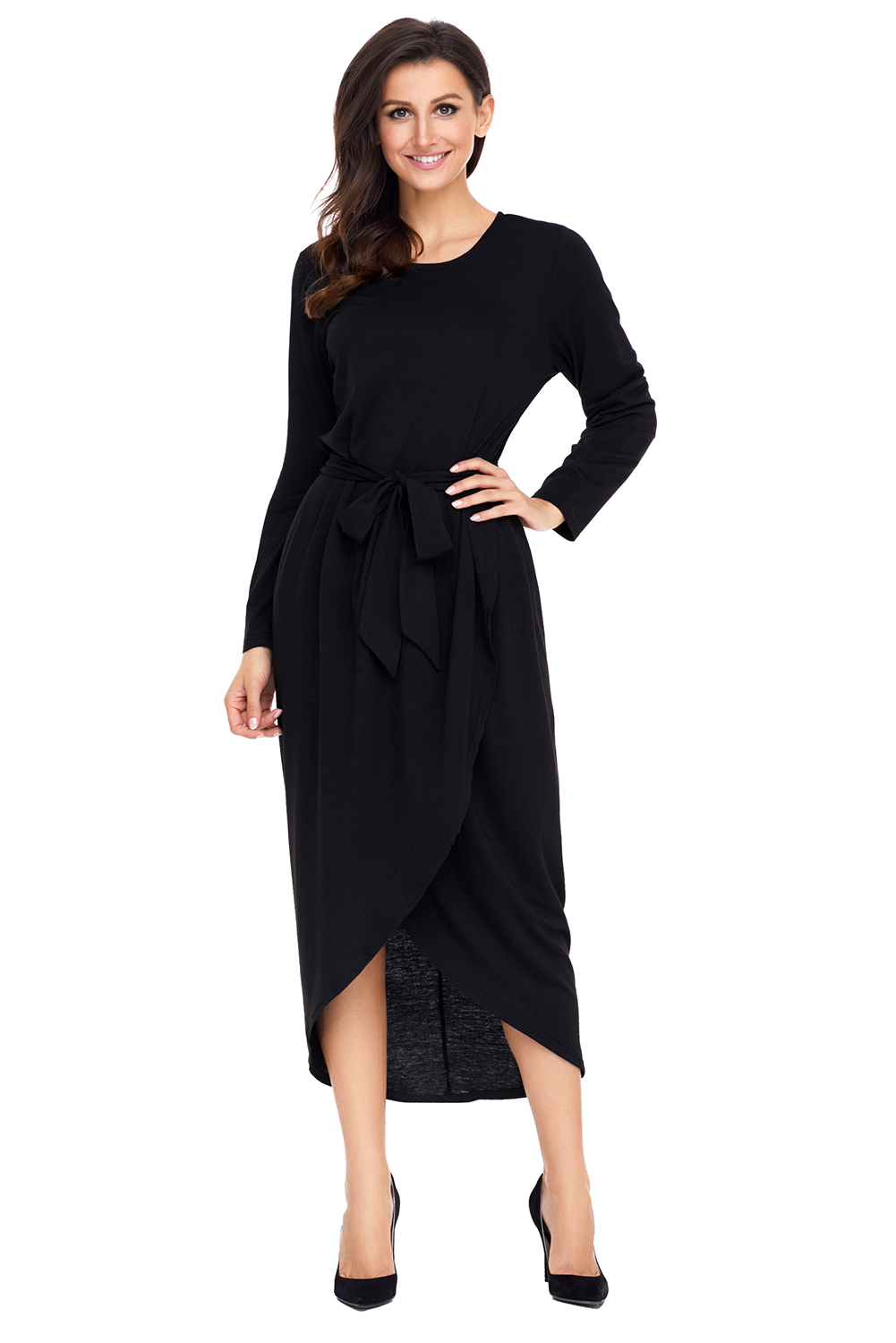 BY61818-2 Black Tulip Faux Wrap Sash Tie Jersey Dress